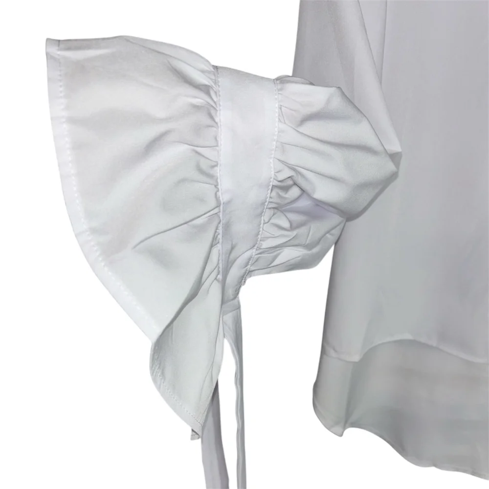 White Oversized Hi-Lo Blouse with Ruffled Cuffs & Tie Sleeves Boutique Size - Picture 7 of 11